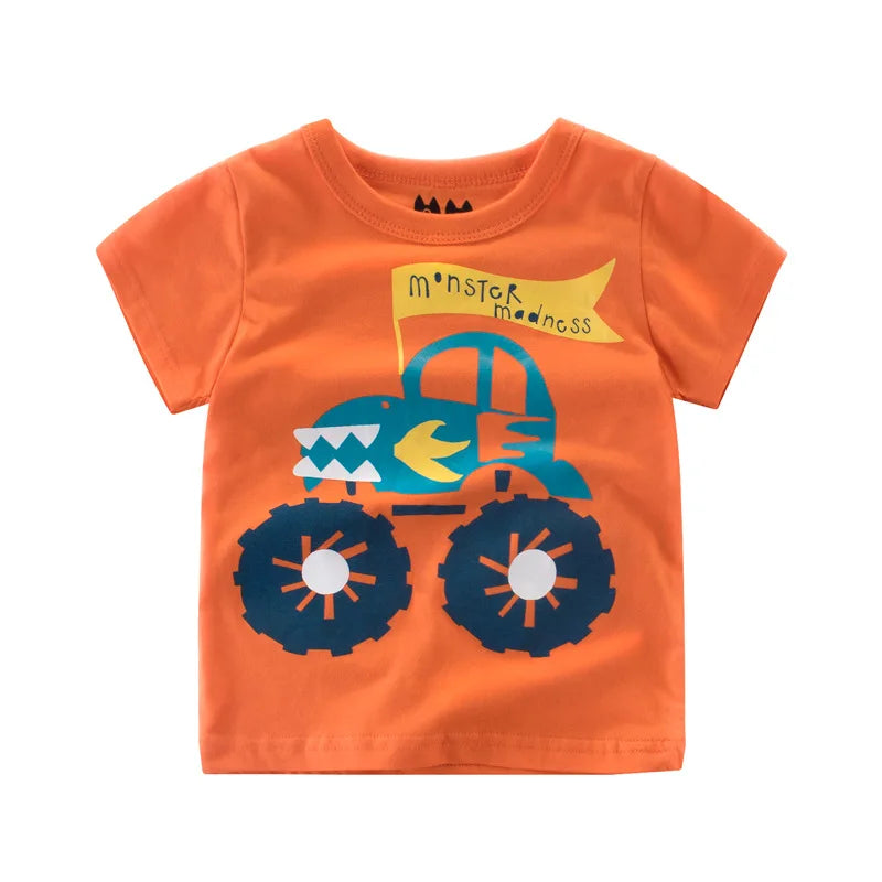 Fun Cartoon Cars, Trucks & Monster Buses Boys T-Shirts – Soft 100% Cotton Short Sleeve Summer Tops for Kids Ages 1-9
