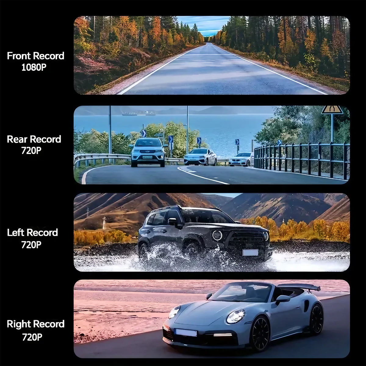 4-Lens 1080P Full HD Dash Cam – Wide-Angle Quad Camera with Loop Recording & 4.3" IPS Display