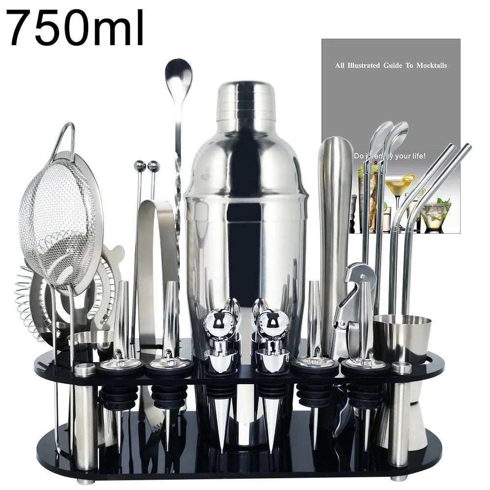 Premium Stainless Steel Cocktail Shaker Set with Bamboo Stand – 13 or 22 Piece Bartender Kit