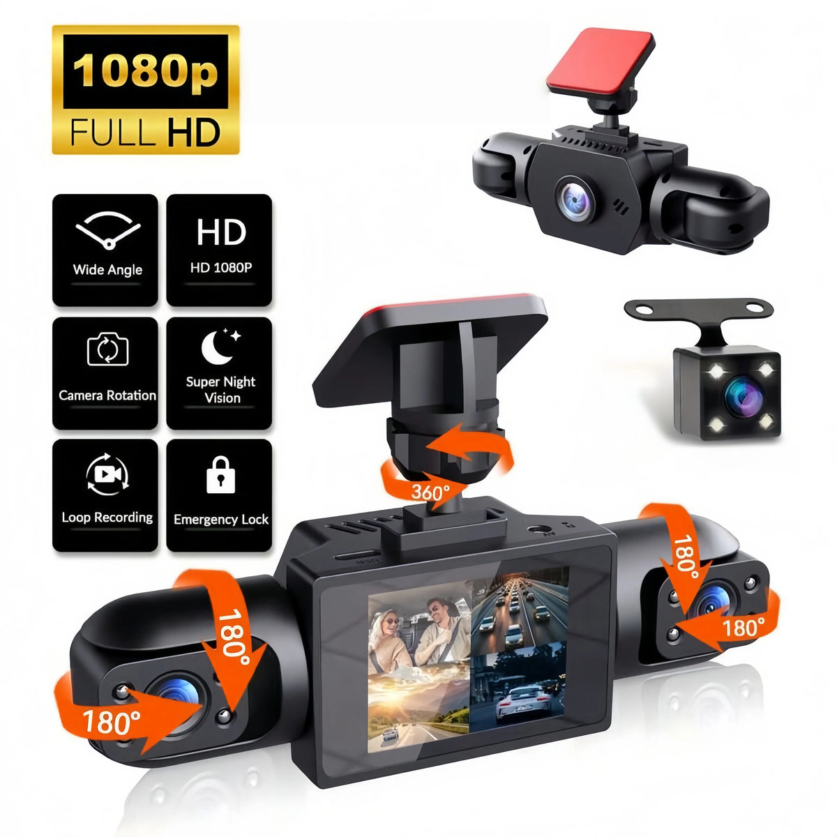 1080P FHD Multi-Camera Dash Cam with Night Vision, Parking Monitor & G-Sensor