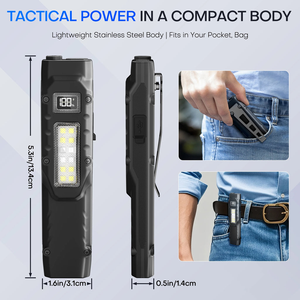 Tactical Rechargeable Flashlight – Dual Switch LED with Digital Display, 8 Modes, Strong Beam for Camping, Hiking & Emergency Use