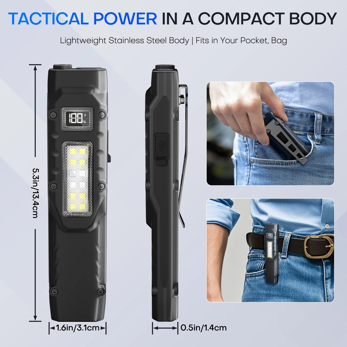 Tactical Rechargeable Flashlight – Dual Switch LED with Digital Display, 8 Modes, Strong Beam for Camping, Hiking & Emergency Use