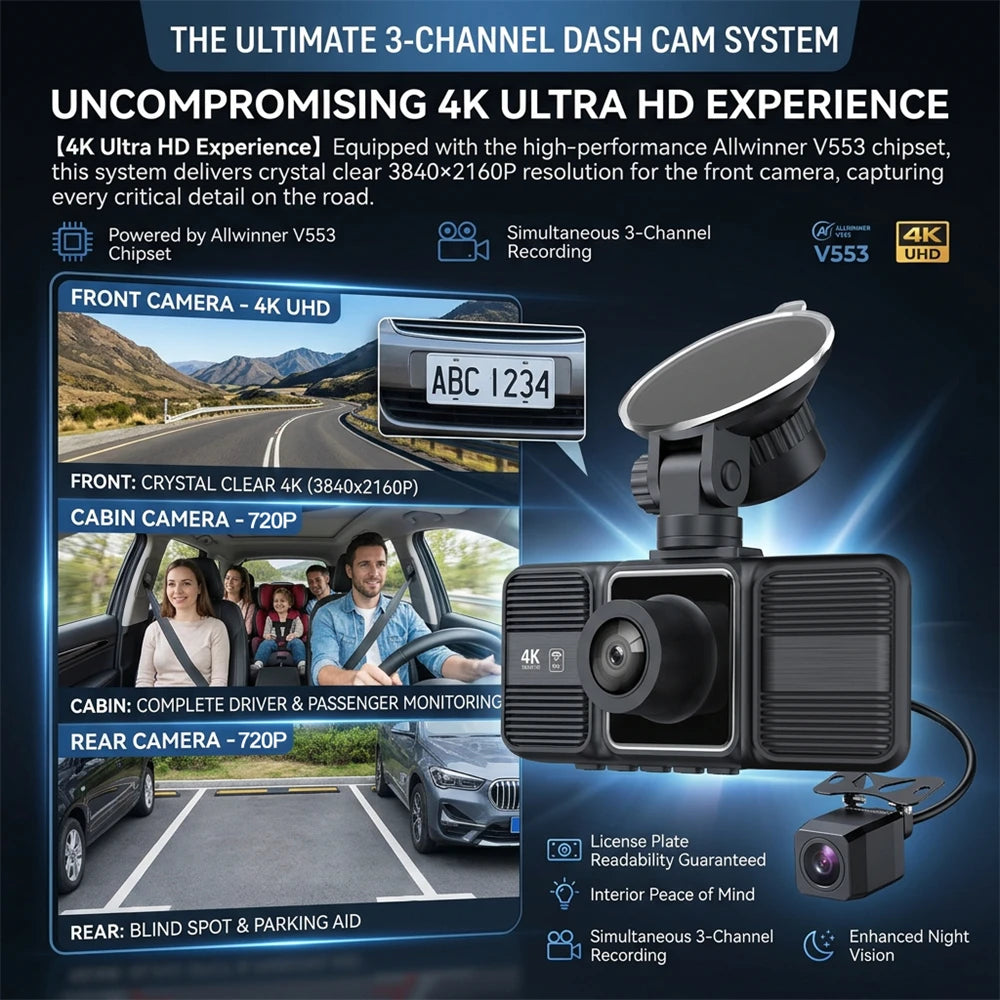 4K Triple Camera Dash Cam – Front, Cabin & Rear 2160P Recording with WiFi, Night Vision & 24H Parking Monitor