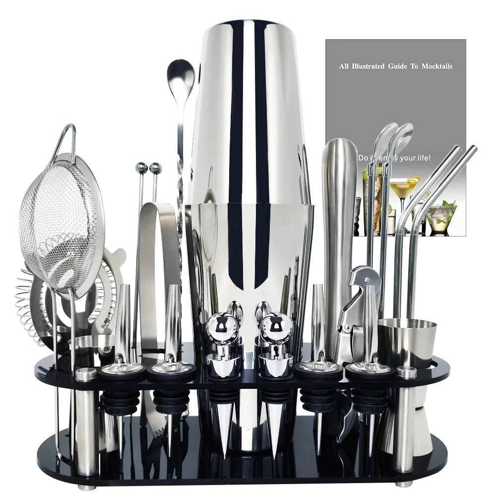 Premium Stainless Steel Cocktail Shaker Set with Bamboo Stand – 13 or 22 Piece Bartender Kit