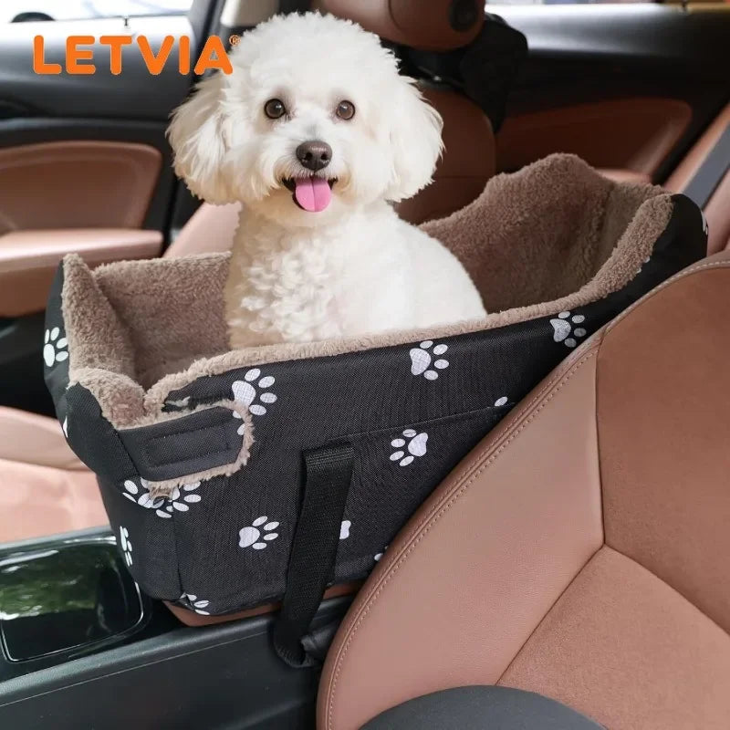 LETVIA Pet Car Seat Console Dog Car Carrier for Small Dogs & Cats - Portable Safety Booster Seat, Foldable Pet Bed with Paw Print Design for Travel & Outdoor Adventures