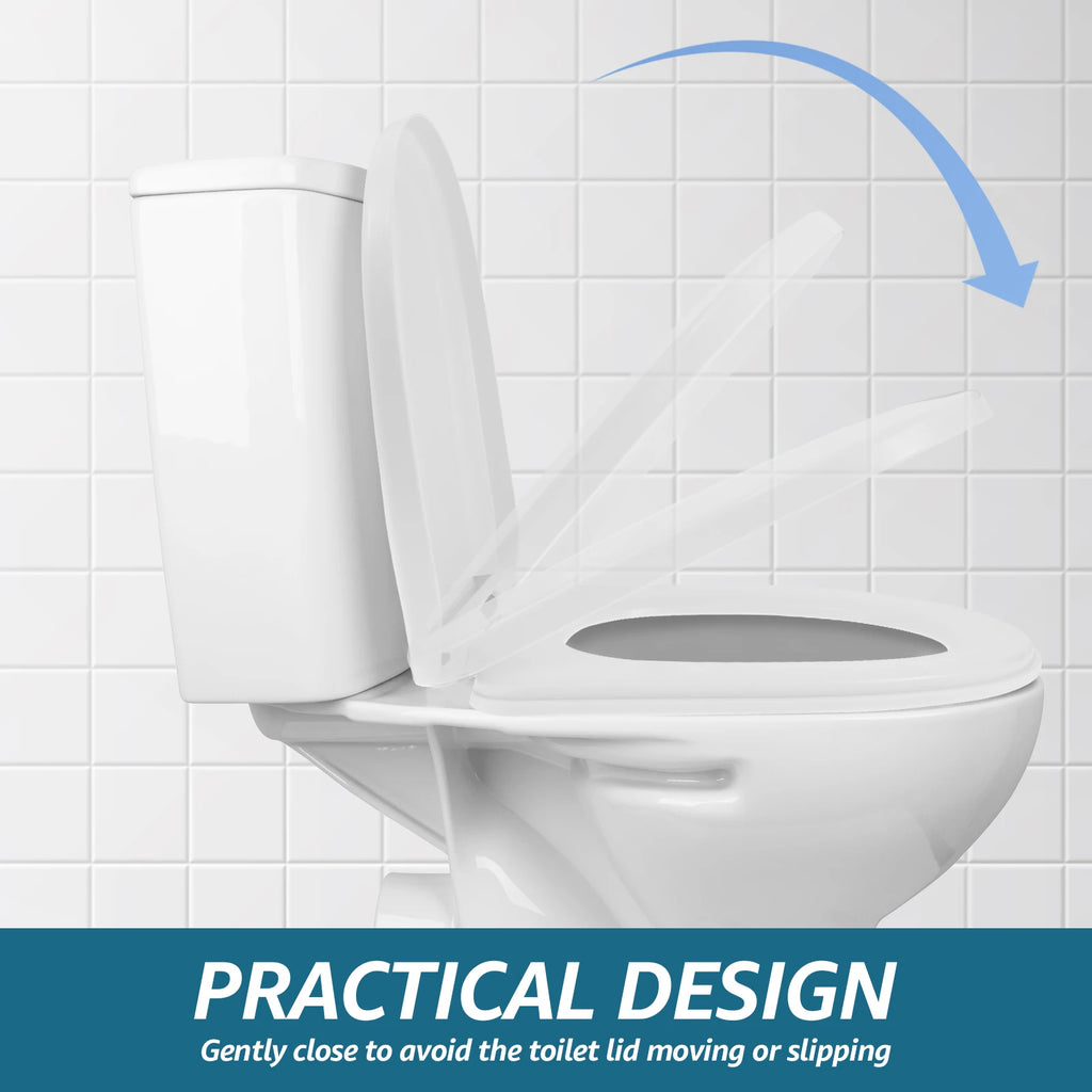 UV-Shaped Slow Close Toilet Seat – Quiet Durable White PP Seat with Quick Release for Adults & Children