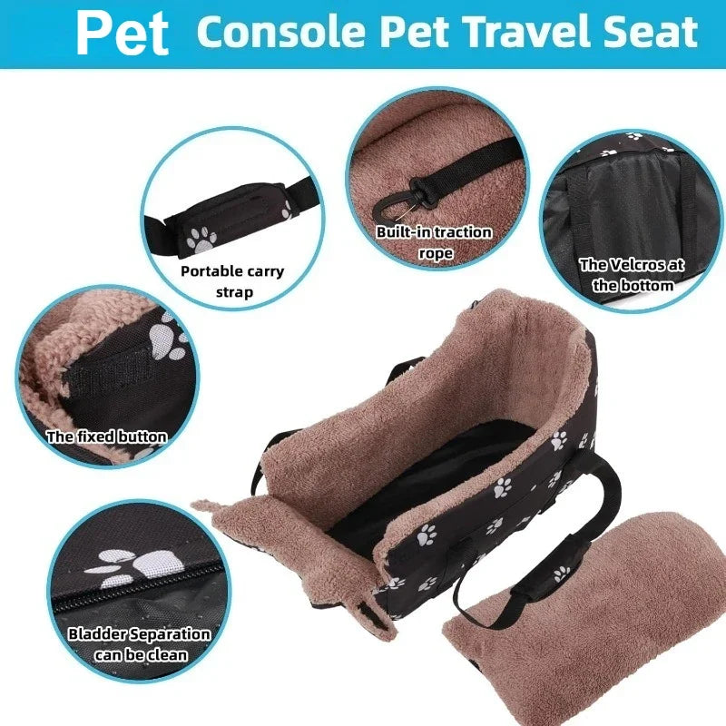LETVIA Pet Car Seat Console Dog Car Carrier for Small Dogs & Cats - Portable Safety Booster Seat, Foldable Pet Bed with Paw Print Design for Travel & Outdoor Adventures