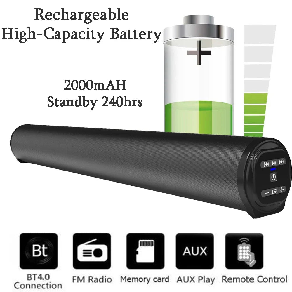 Wireless Bluetooth Soundbar Speaker – Surround Sound Home Theater System with 2000mAh Battery, Wired & Wireless, for TV & Projector