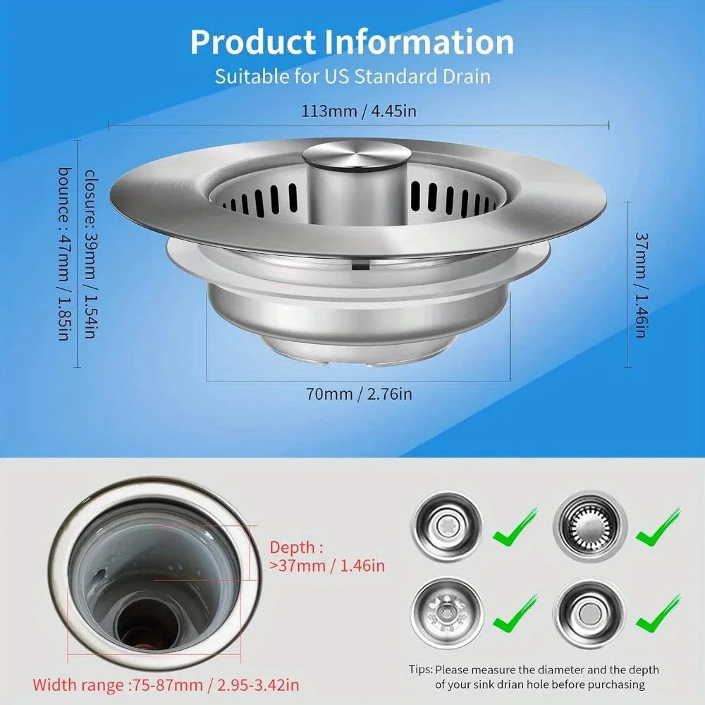 3-in-1 Stainless Steel Sink Strainer & Pop-Up Stopper