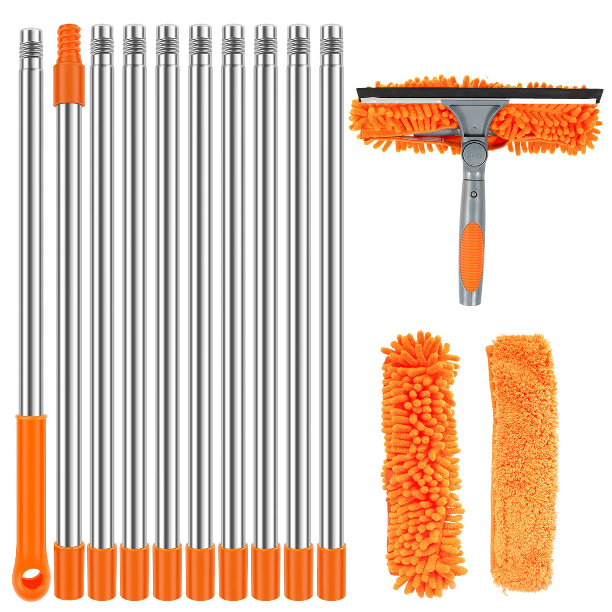2-in-1 Extendable Window Cleaning Kit - Maximum Extension Length 13 ft 9 in (420cm) Long Pole Squeegee & Duster Mop with 180° Swivel Head