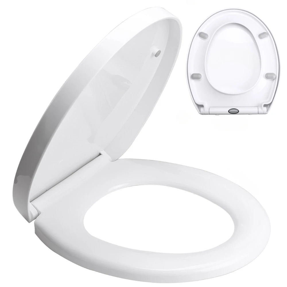 Soft Close Toilet Seat - White, Adjustable Hinges, Quiet & Easy Install