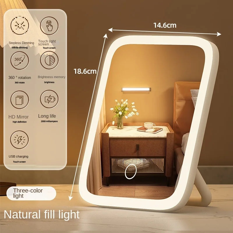 LED Desktop Makeup Mirror with 3-Color Lighting – Portable Touch Control Vanity Mirror with Fill Light for Bedroom & Dressing Table