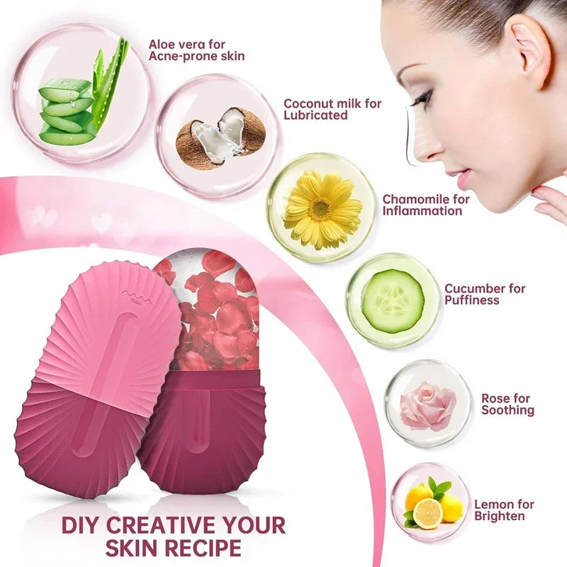 Ice Face Roller & Silicone Ice Mold Set – Reusable Cold Therapy Tool for Eye Puffiness, Pore Shrinking & Facial Massage