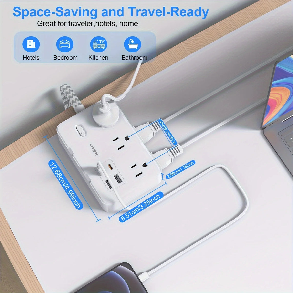 Multi-Port Power Strip with Braided Extension Cord – USB Type-C & AC Outlets Surge Protected Smart Home Charging Station