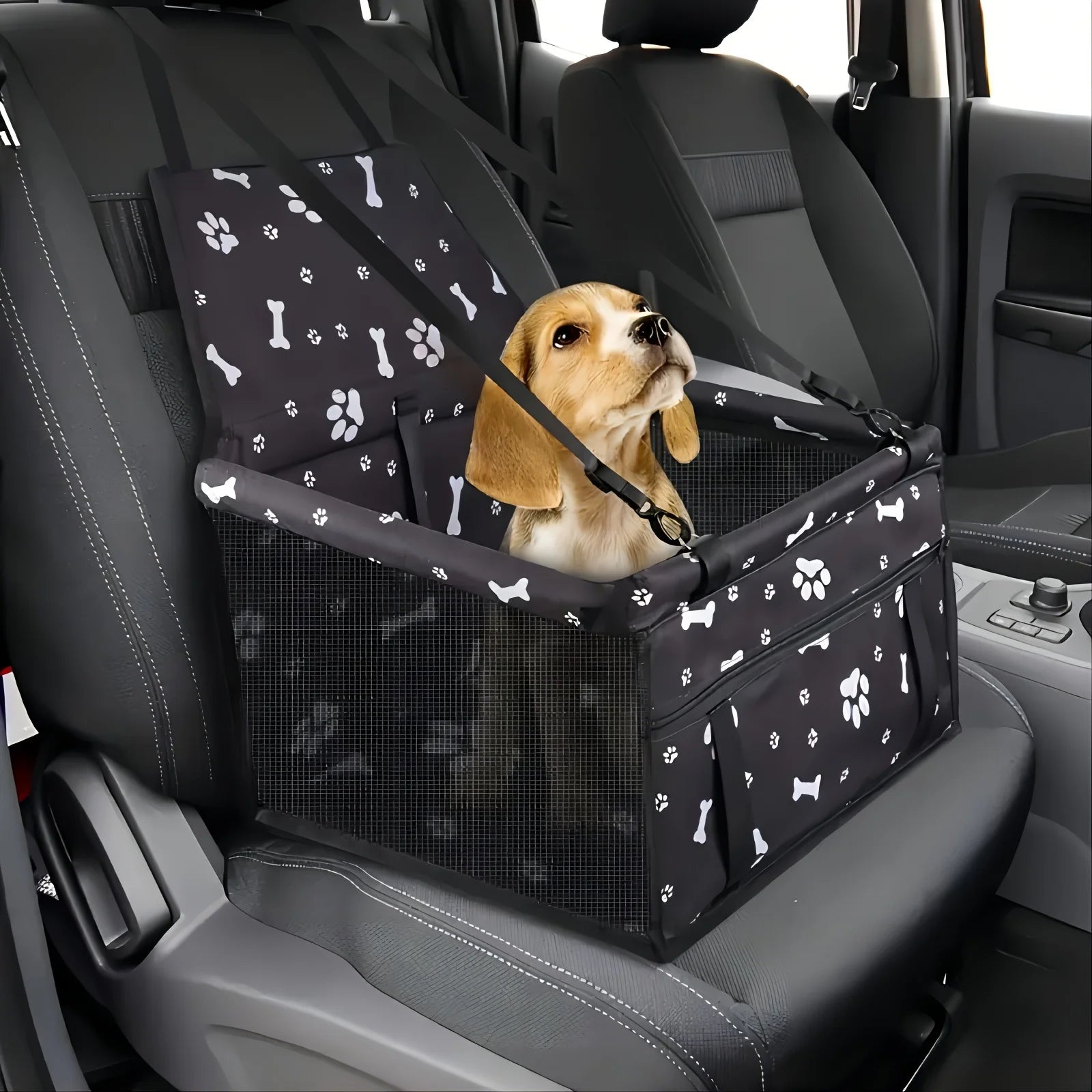 Pet Reinforce Car Booster Seat for Small Dogs & Cats - Portable Breathable Pet Carrier with Safety Belt, Stable Travel Booster Bag, Paw Print Design