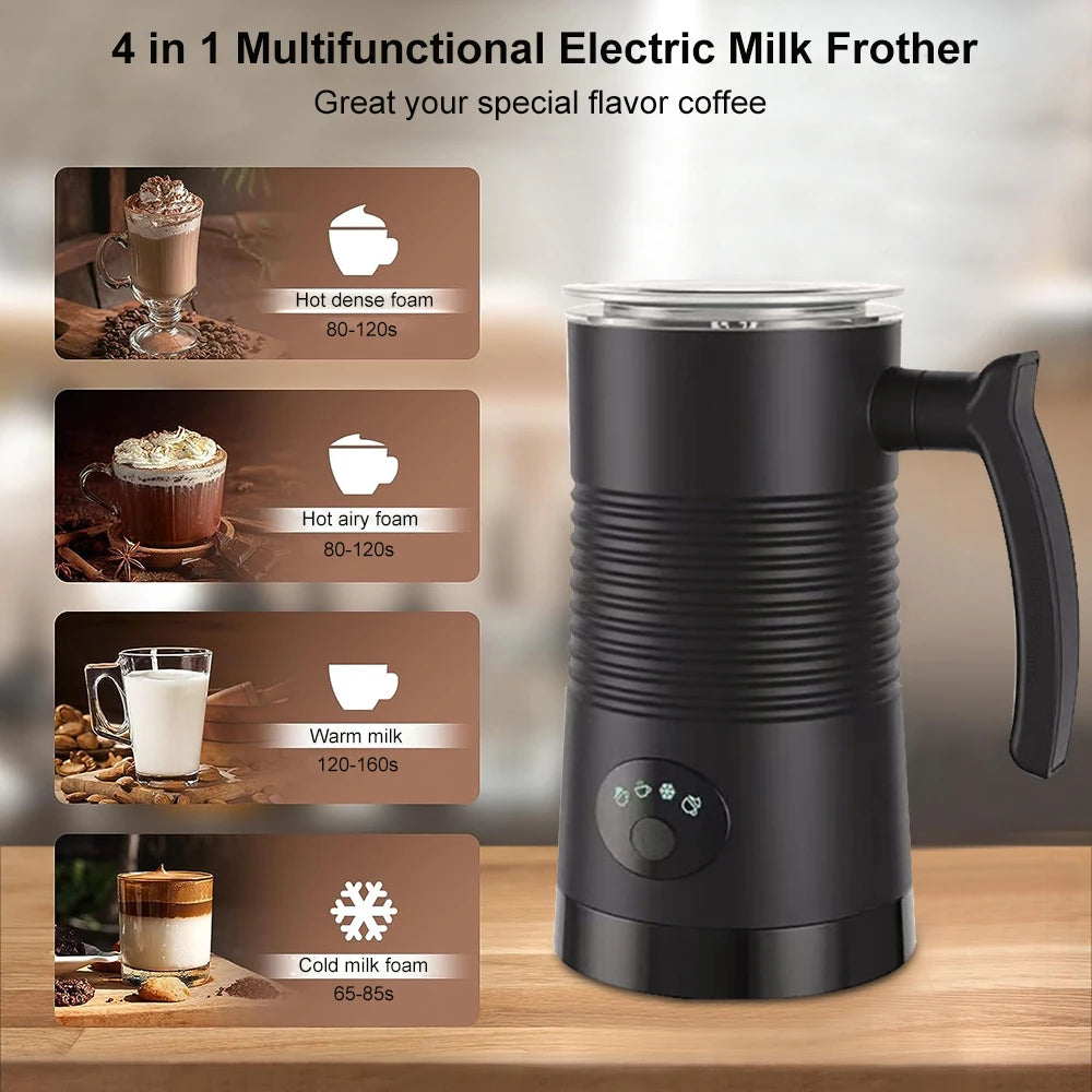 4-in-1 Electric Milk Frother – Automatic Hot & Cold Foam Maker for Coffee, Cappuccino, Latte & More | Rotary Whisk Milk Steamer