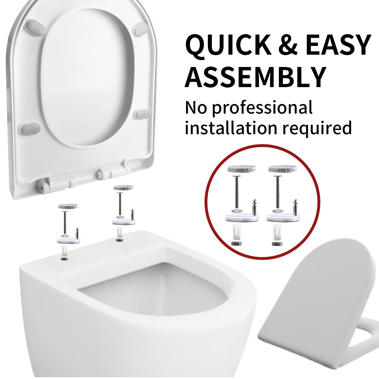 Soft Close Toilet Seat – Quick Release White PP Seat with Anti-Bacterial Top & Bottom Fixing