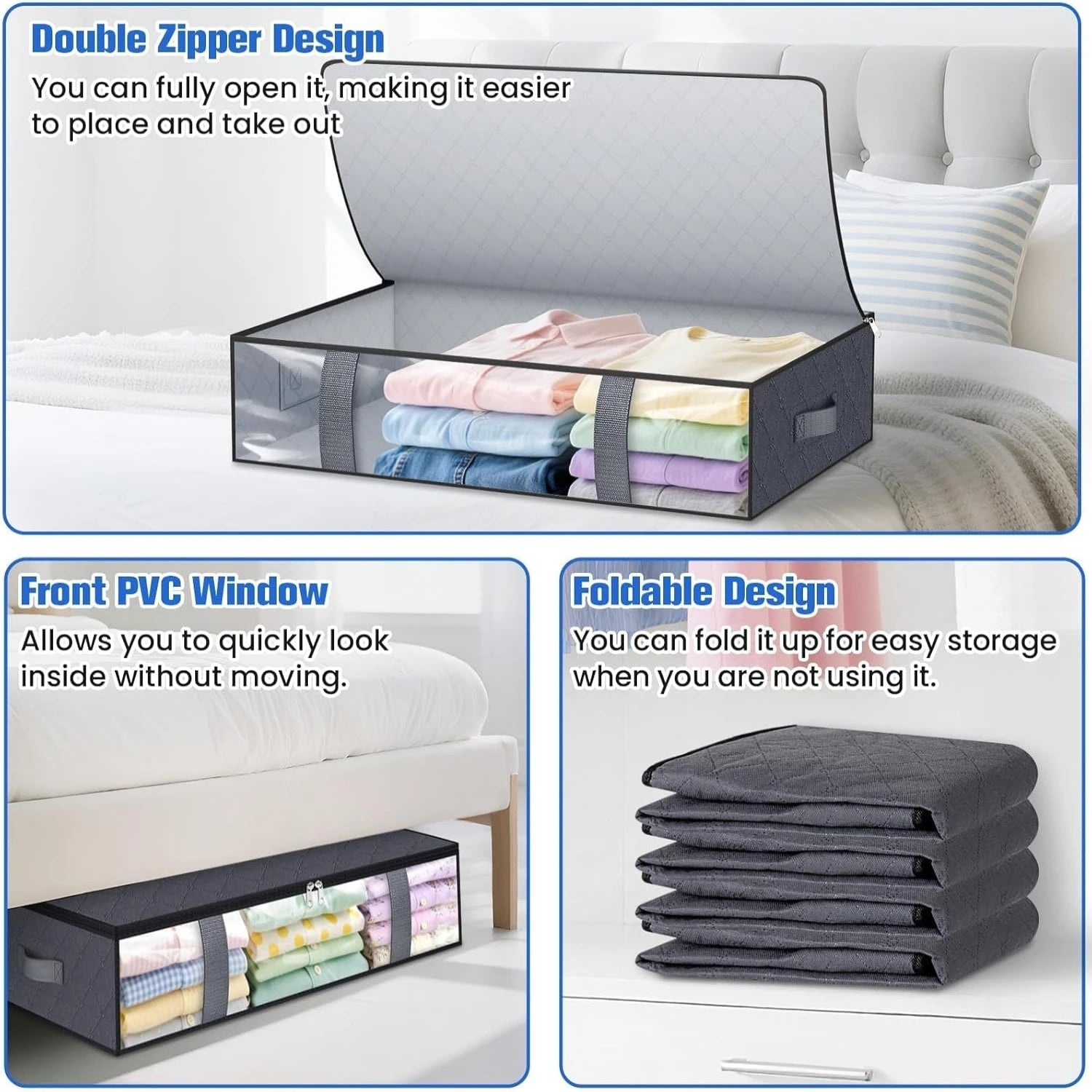 4-Pack Under Bed Storage Containers - 60L Space-Saving Blanket Shoe Bedding Organizer