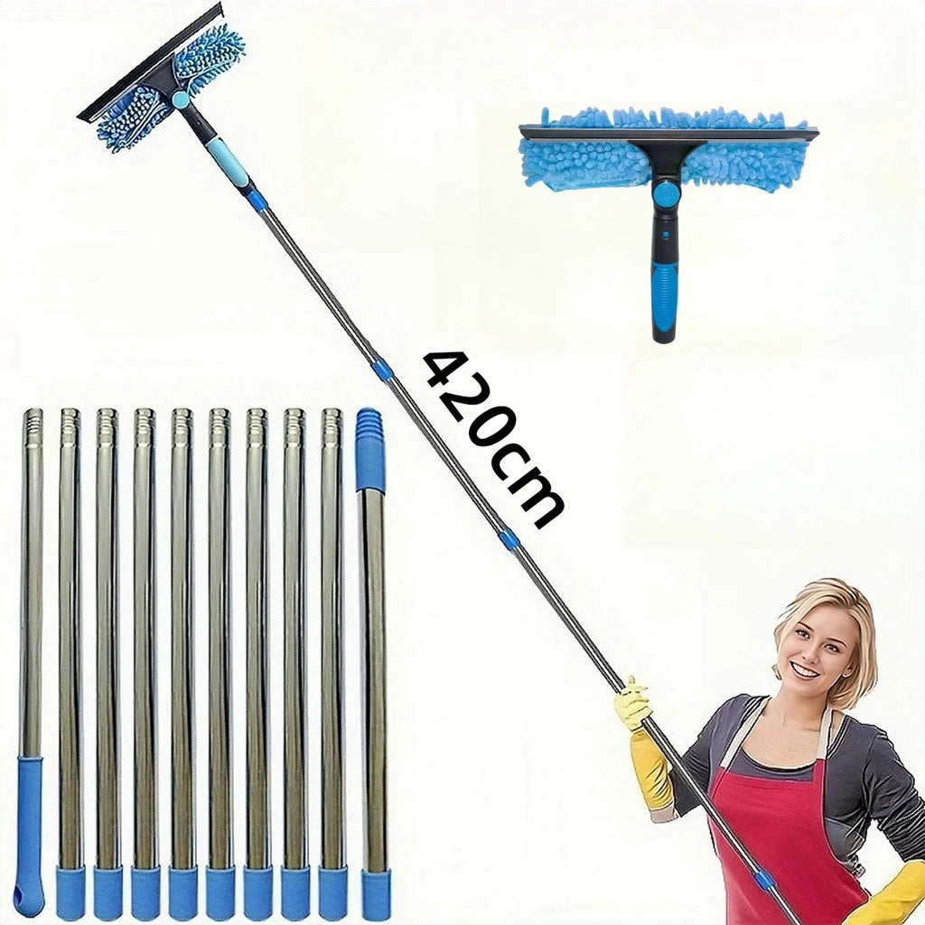 2-in-1 Extendable Window Cleaning Kit - Maximum Extension Length 13 ft 9 in (420cm) Long Pole Squeegee & Duster Mop with 180° Swivel Head