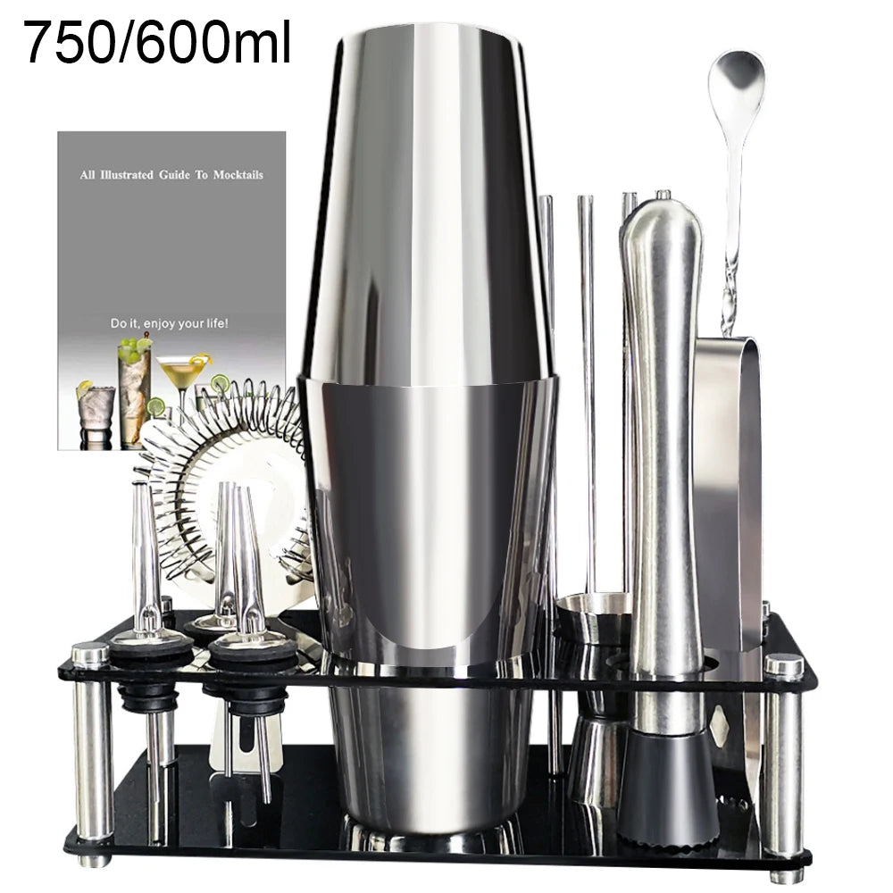 Premium Stainless Steel Cocktail Shaker Set with Bamboo Stand – 13 or 22 Piece Bartender Kit