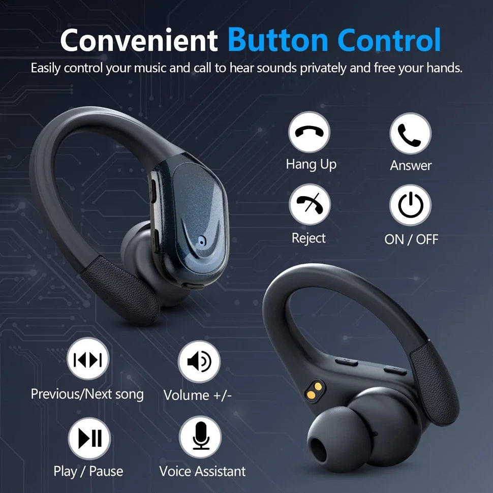 Bluetooth 5.3 Sports Earhooks Earbuds – True Wireless Headphones with Noise Reduction, IPX6 Waterproof, Mic & Button Control for Running & Gym