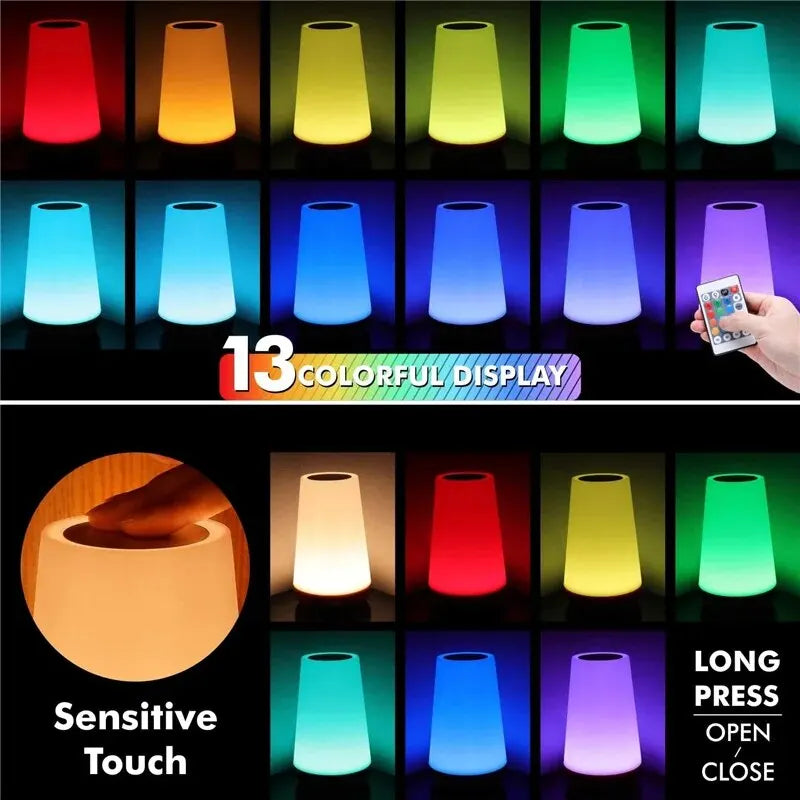 13-Color LED Touch Night Light – USB Rechargeable Bedside Lamp with Remote Control & Adjustable Brightness