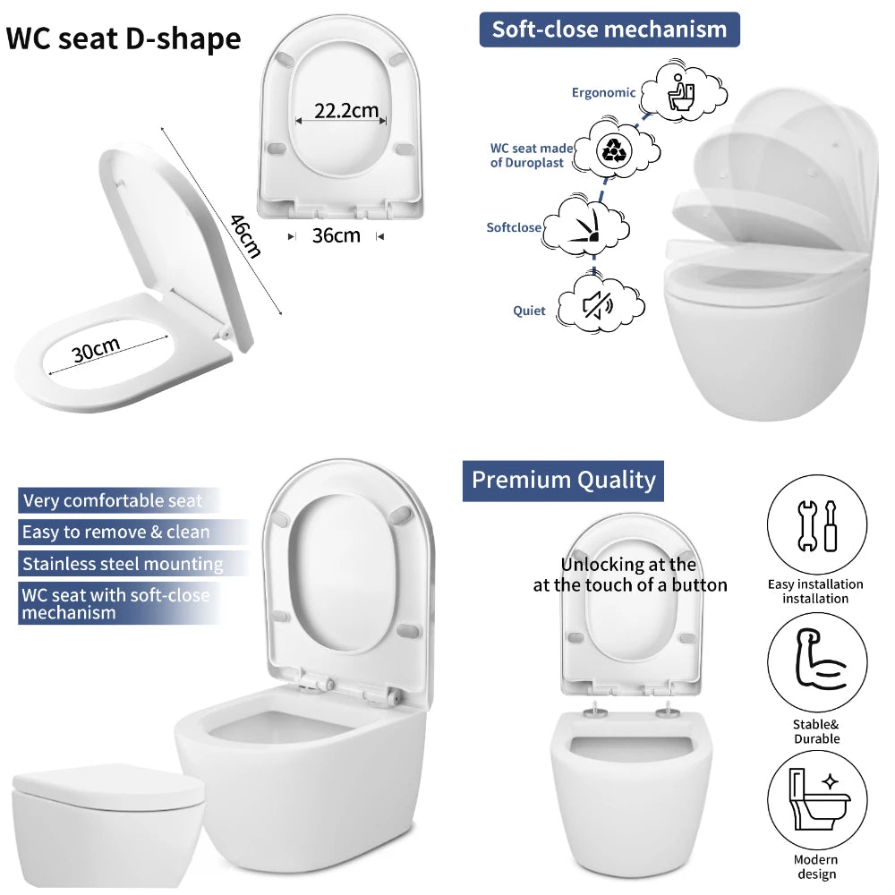 Soft Close Toilet Seat - White, Adjustable Hinges, Quiet & Easy Install