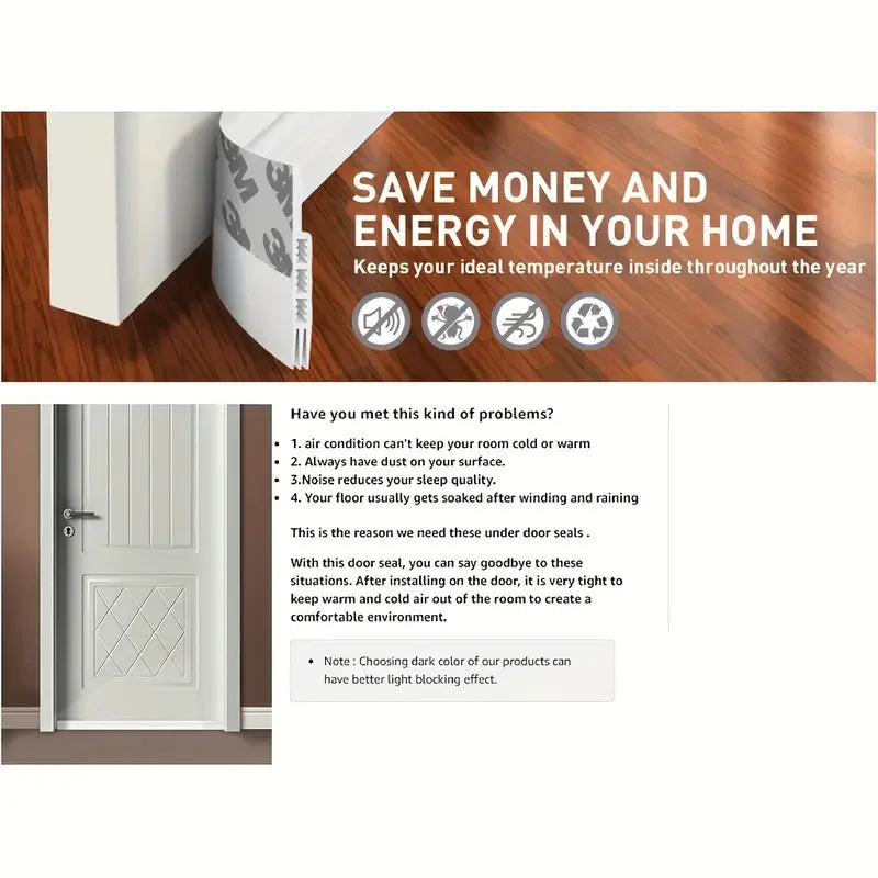 Silicone Door Draft Stopper Under Door Seal - Strong Adhesive Weather Stripping Noise & Draft Blocker