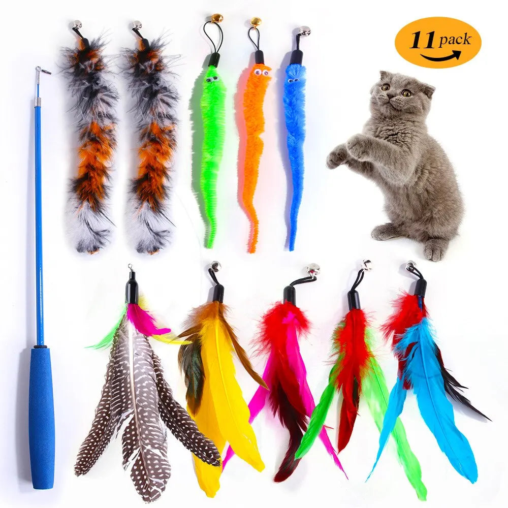 11-Pack Colorful Cat Feather Toy Refills – Replacement Heads for Interactive Wand Teasers