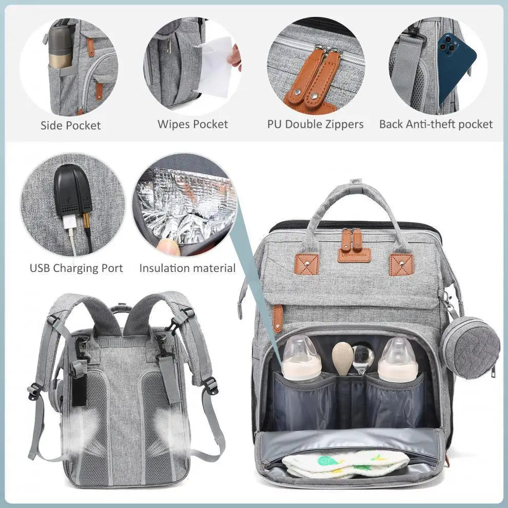 3-in-1 Baby Diaper Backpack with Foldable Travel Bed & USB Port
