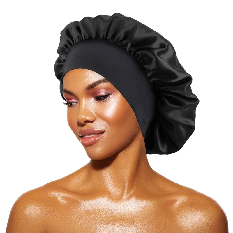 Satin Sleep Bonnet with Wide Brim & Elastic Band – Wide-Brimmed Night Cap for Women & Men, Hair Protection Bonnet for Sleeping & Bathing
