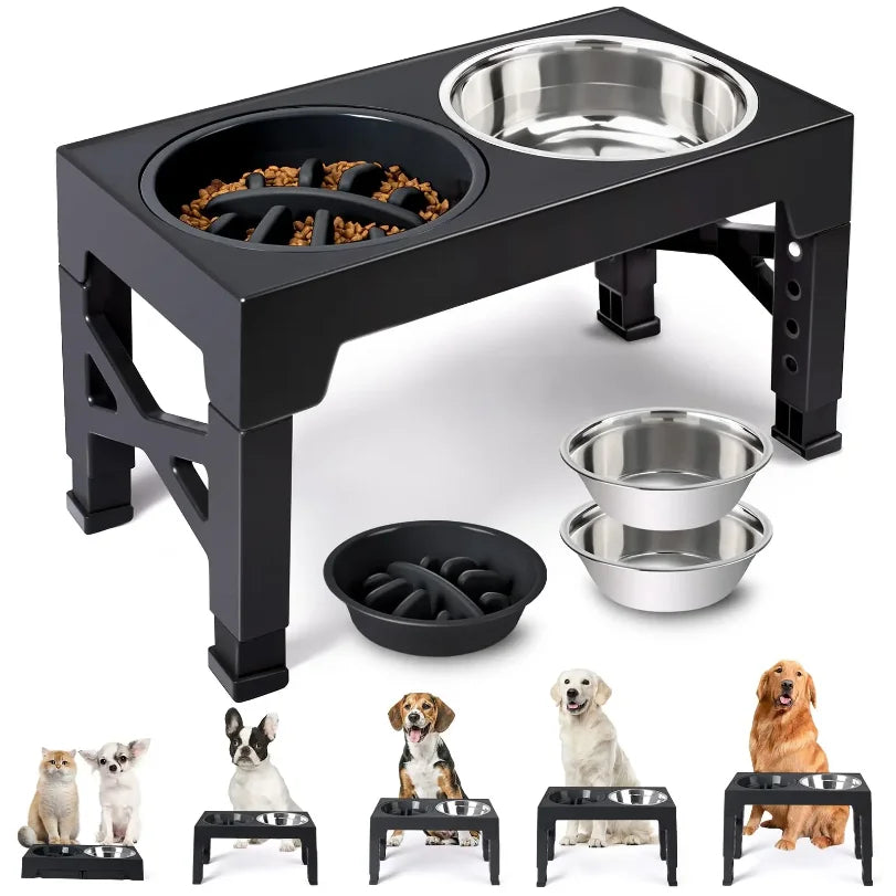 Adjustable Elevated Dog Feeder with Double Stainless Steel Bowls - 5 Heights for Small Medium & Large Dogs