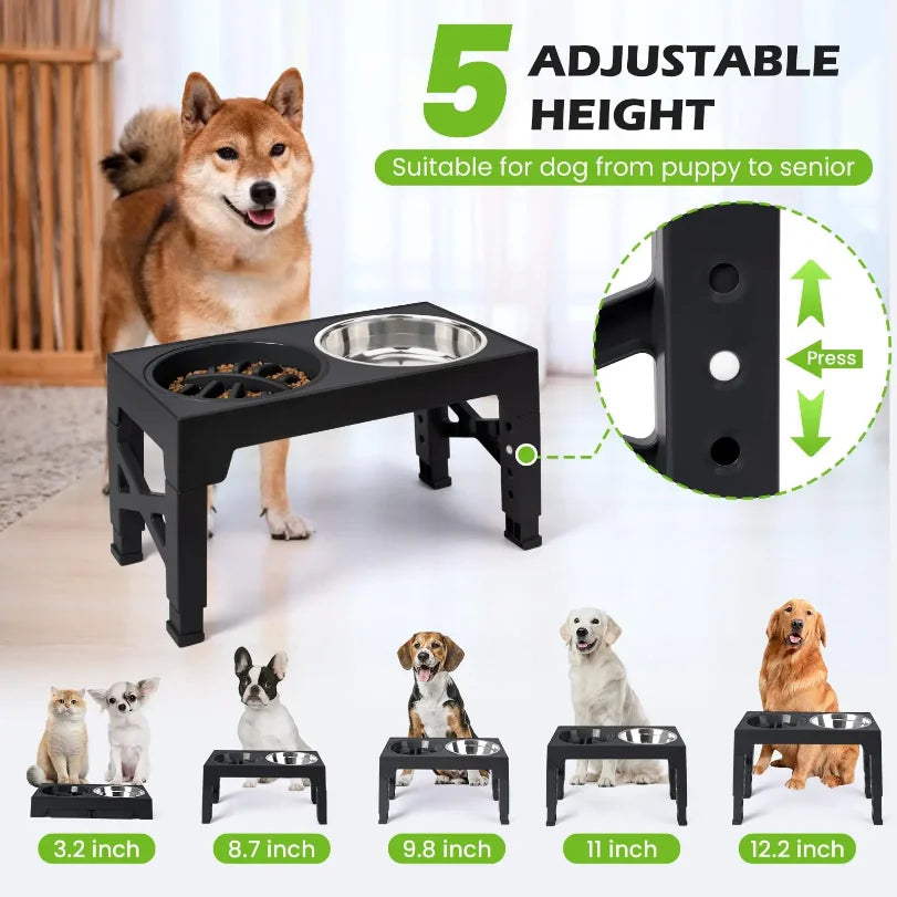 Adjustable Elevated Dog Feeder with Double Stainless Steel Bowls - 5 Heights for Small Medium & Large Dogs
