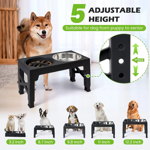 Adjustable Elevated Dog Feeder with Double Stainless Steel Bowls - 5 Heights for Small Medium & Large Dogs