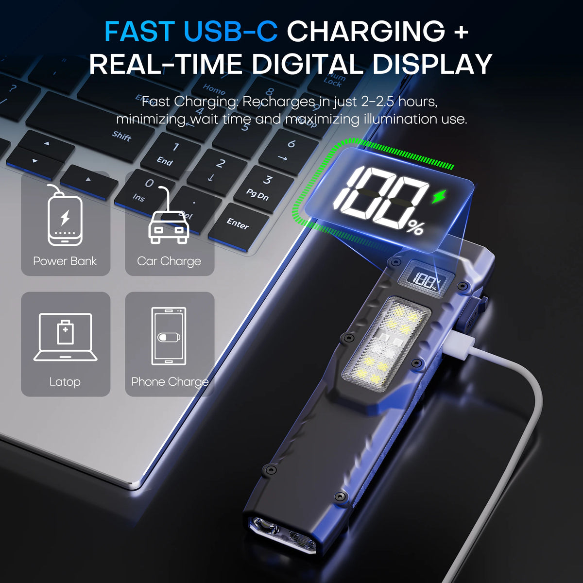 Tactical Rechargeable Flashlight – Dual Switch LED with Digital Display, 8 Modes, Strong Beam for Camping, Hiking & Emergency Use