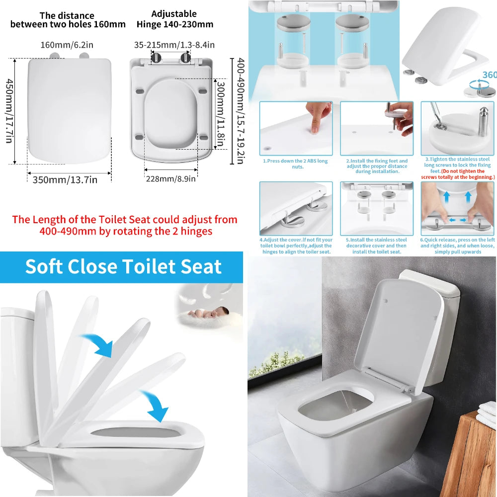 Soft Close Toilet Seat - White, Adjustable Hinges, Quiet & Easy Install