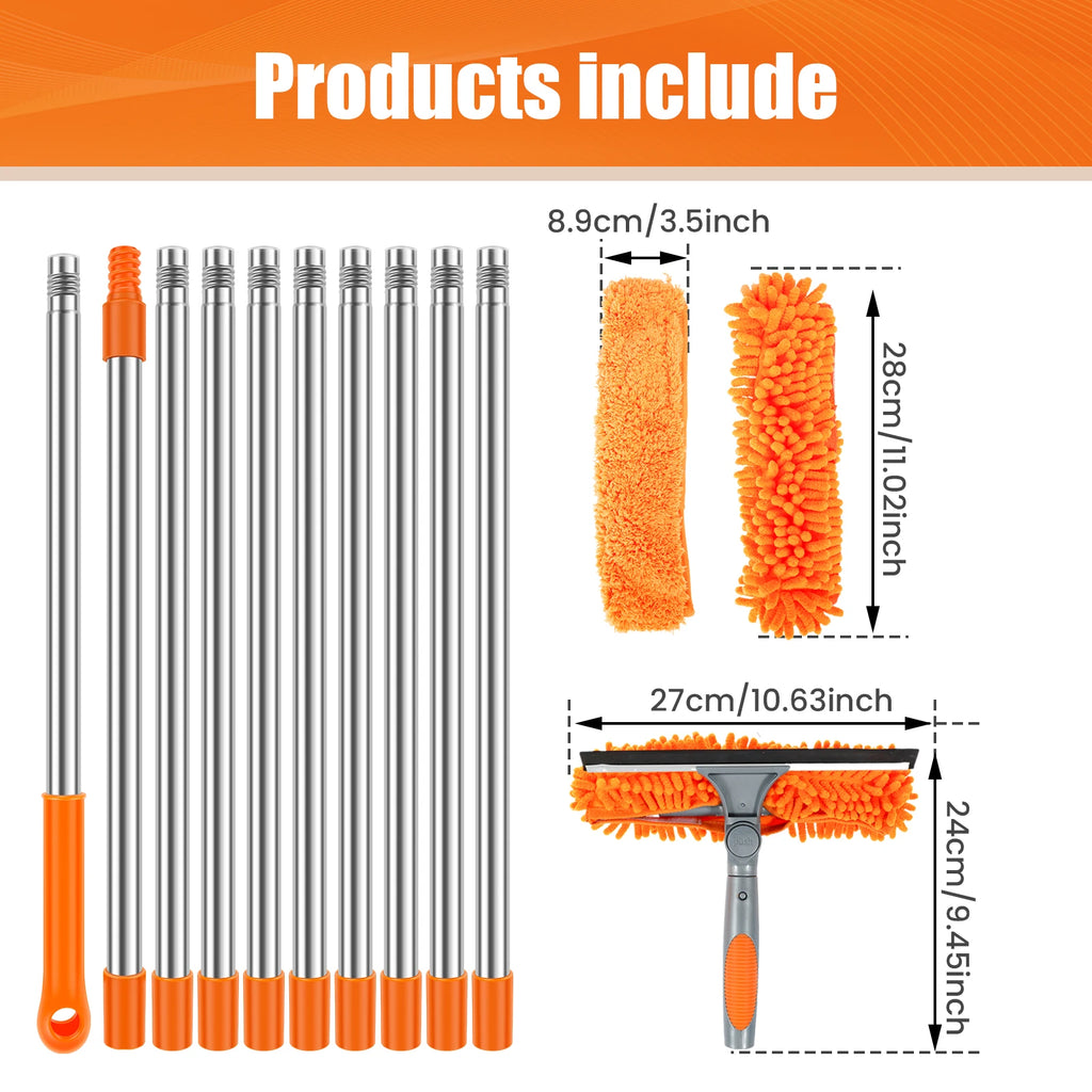 2-in-1 Extendable Window Cleaning Kit - Maximum Extension Length 13 ft 9 in (420cm) Long Pole Squeegee & Duster Mop with 180° Swivel Head