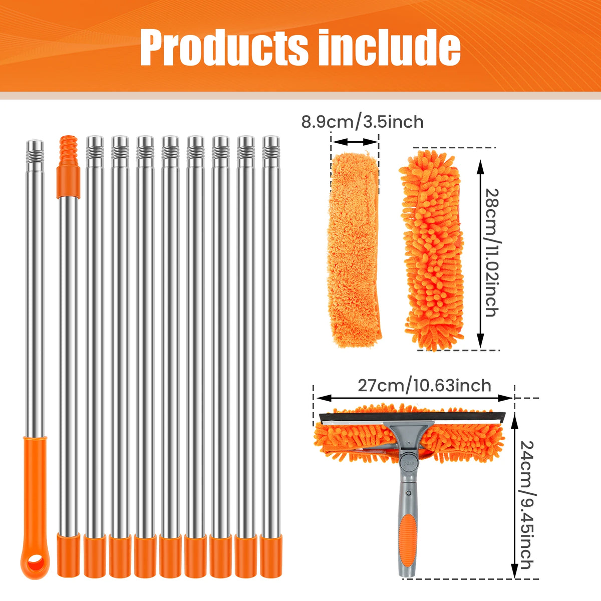 2-in-1 Extendable Window Cleaning Kit - Maximum Extension Length 13 ft 9 in (420cm) Long Pole Squeegee & Duster Mop with 180° Swivel Head
