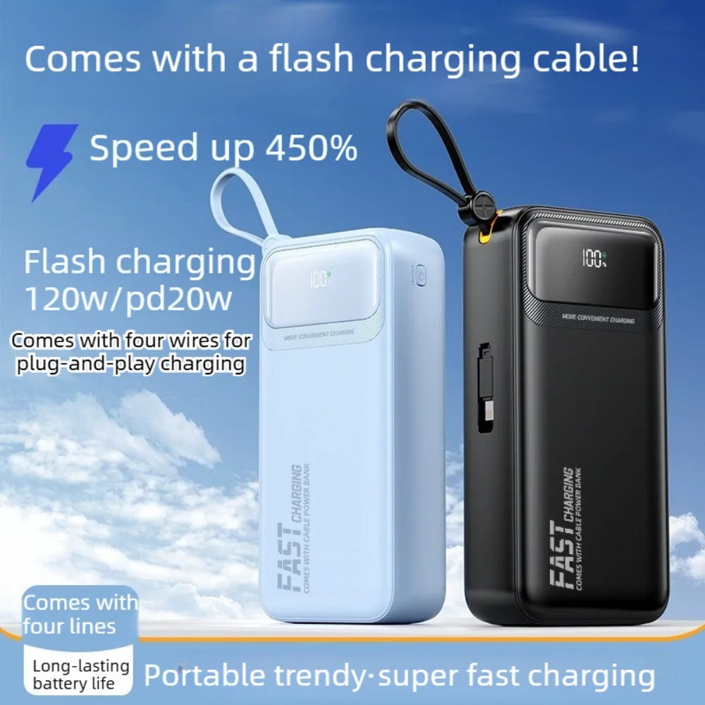120W Super Fast Charging Power Bank 30000mAh 50000mAh – Portable Slim PD 120W Powerbank with Built-in Cables