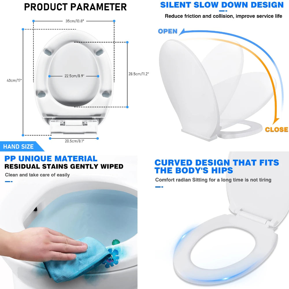 Soft Close Toilet Seat - White, Adjustable Hinges, Quiet & Easy Install