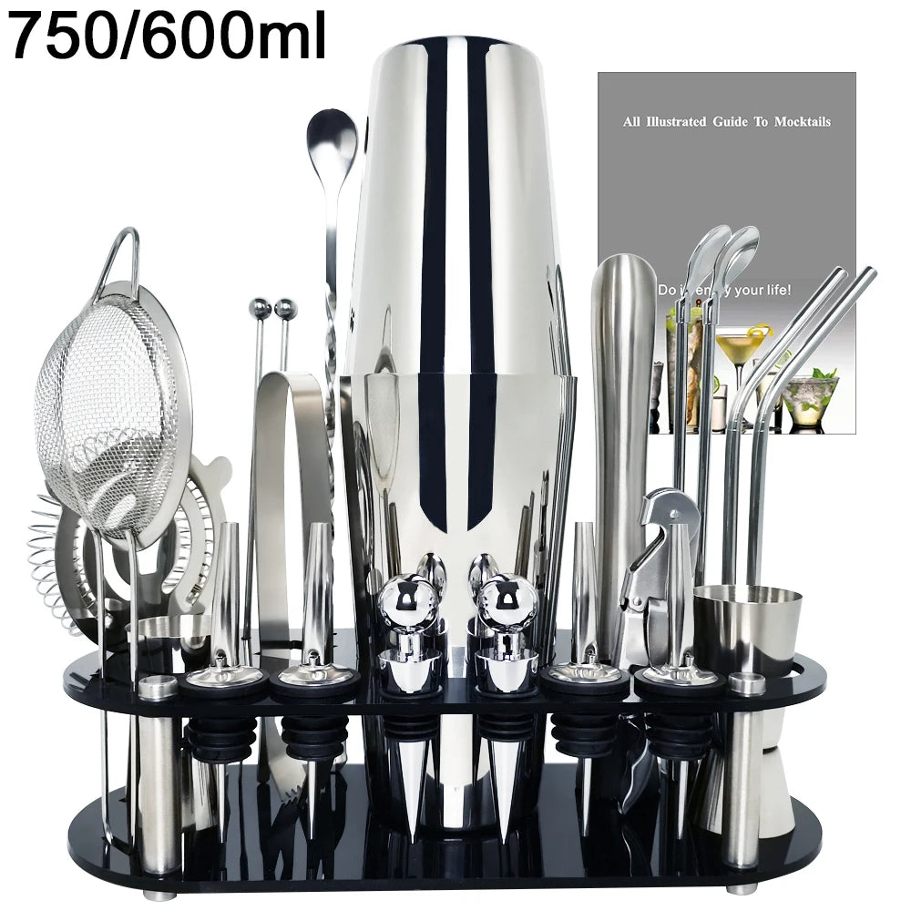 Premium Stainless Steel Cocktail Shaker Set with Bamboo Stand – 13 or 22 Piece Bartender Kit