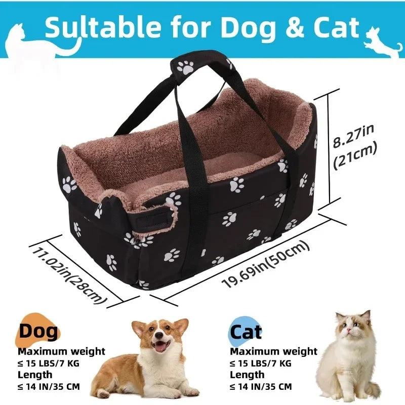 LETVIA Pet Car Seat Console Dog Car Carrier for Small Dogs & Cats - Portable Safety Booster Seat, Foldable Pet Bed with Paw Print Design for Travel & Outdoor Adventures
