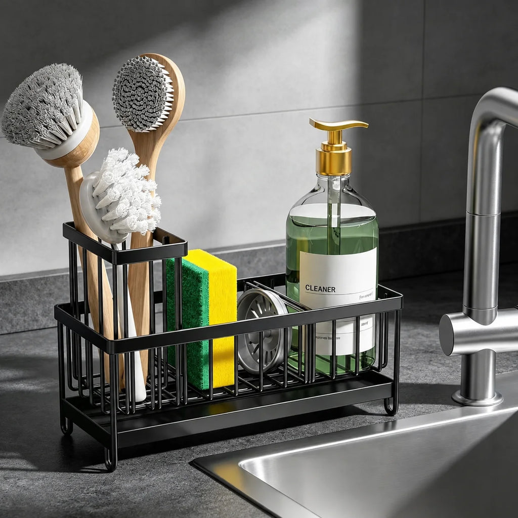 Stylish Black Metal Kitchen Sink Caddy – No-Drill Countertop Organizer for Sponges, Brushes & Soap with Built-in Drip Tray