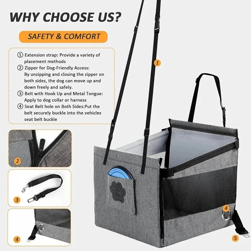 Premium Waterproof Dog Car Seat – Secure Travel Booster with Safety Leash for Small & Medium Dogs