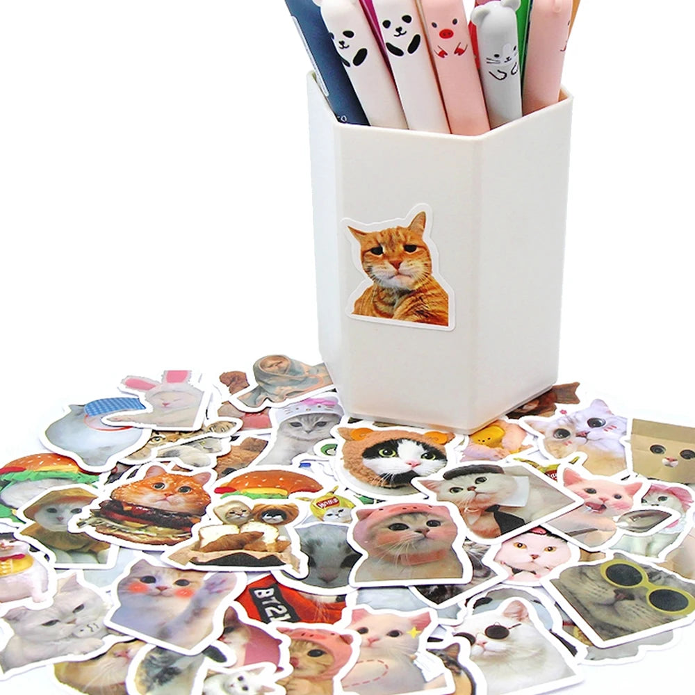 Funny Cat Stickers Pack – 10/50/100pcs Cute Cartoon Decals for Laptop, Phone, Water Bottle, Guitar, Luggage & More