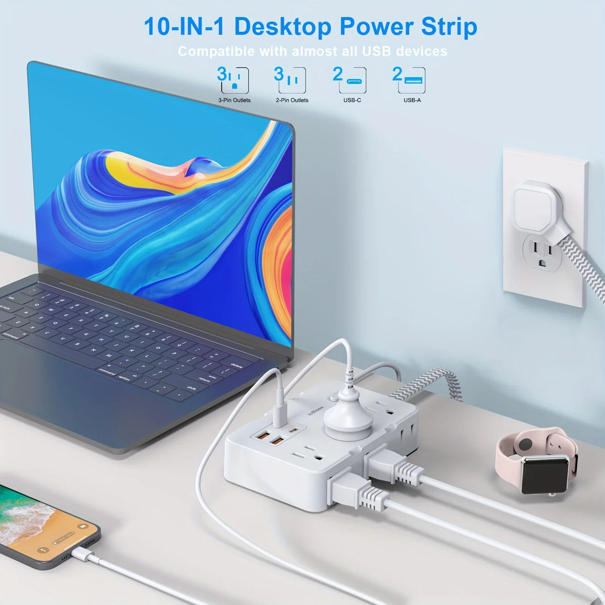 Multi-Port Power Strip with Braided Extension Cord – USB Type-C & AC Outlets Surge Protected Smart Home Charging Station