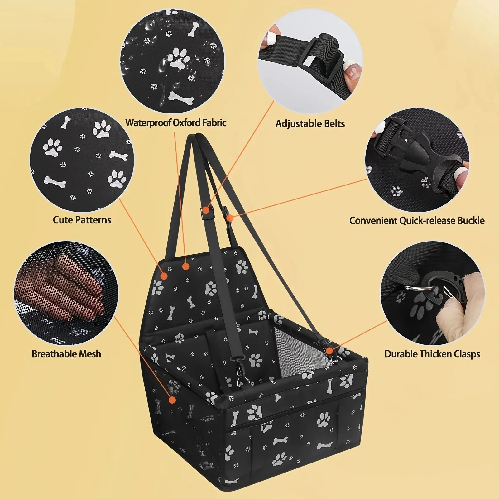 Pet Reinforce Car Booster Seat for Small Dogs & Cats - Portable Breathable Pet Carrier with Safety Belt, Stable Travel Booster Bag, Paw Print Design