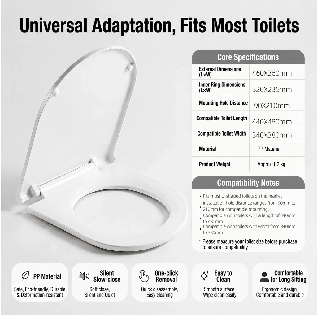 Slow Close U-Shaped Toilet Seat - Quiet Soft Close Lid, Durable & Universal Fit