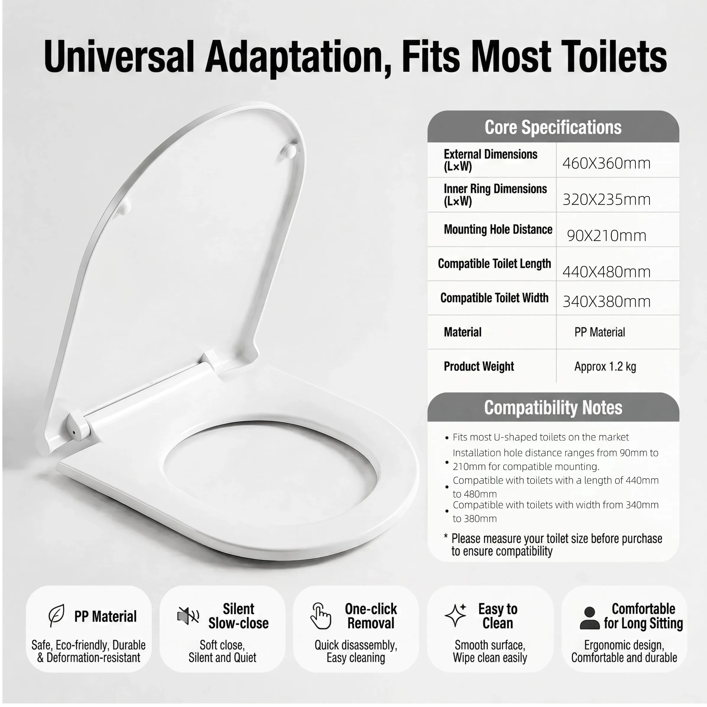 Slow Close U-Shaped Toilet Seat - Quiet Soft Close Lid, Durable & Universal Fit
