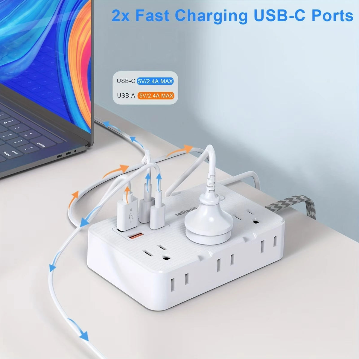 Multi-Port Power Strip with Braided Extension Cord – USB Type-C & AC Outlets Surge Protected Smart Home Charging Station